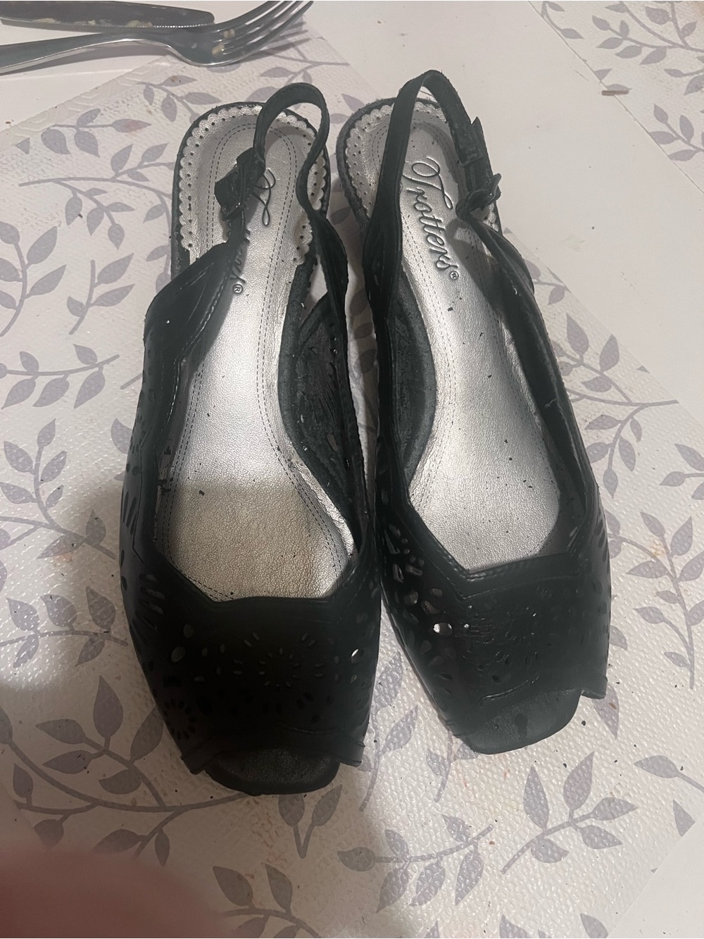 Trotters Black Laser-Cut Slingback Peep-Toe Flats